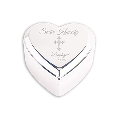 Cherished Moments Personalized Heart Baptism Gift Jewelry Keepsake Box with Custom Engraved Cross and Name for Baby Girls, Silver Toned