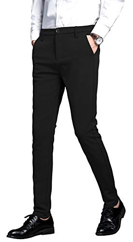 Plaid&Plain Men's Stretch Dress Pants Slim Fit Skinny Suit Pants 7101 Black 33W30L