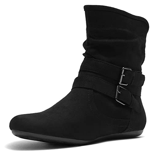 Herstyle Womens Lindell Ankle Boots Side Zipper Mid-Calf Slouch Flat Booties, Black, Size 10.0