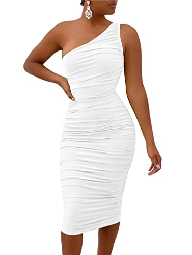 LAGSHIAN Women's Sexy One Shoulder Ruched Sleeveless Bodycon Party Cocktail Dress White