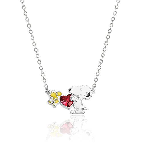 PEANUTS Womens Snoopy and Woodstock Red Crystal Heart Necklace 18' - Silver Plated Snoopy Necklace - Official License