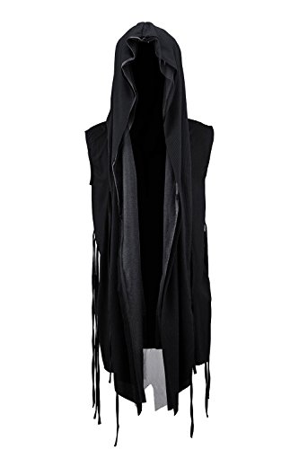 ByTheR Cloak with Hood Mens Sleeveless Mesh Layered Cut Off Open Vest Dark Goth Cardigan Black
