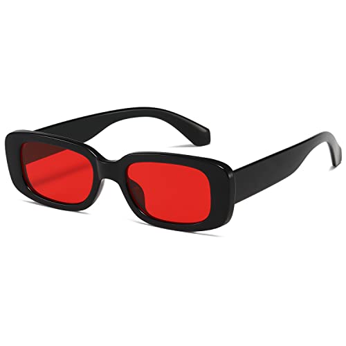 kimorn Rectangle Sunglasses for Women Men Trendy Retro Fashion Sun Glasses 90’s Vintage Square Frame K1200 (Black Frame Red Lens, 65)