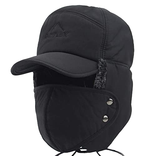 Winter 3 in 1 Thermal Fur Lined Trapper Hat with Ear Flap Full Face Warmer Cover Windproof Insulated Baseball Cap Cycling Motorcycle Snow Ski Hat Headwear (Black)