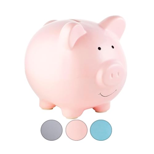 Pearhead Large Ceramic Piggy Bank, Ideal for Boys and Girls, Kids Money and Coin Bank, Perfect Baby Boy Nursery Décor, Great Gift and Newborn Keepsake, Light Pink