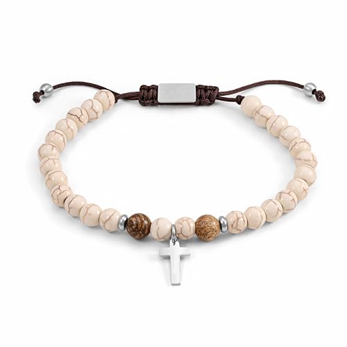 Galis Cross Bracelet - Gemstone Bracelet with Howlite, Jasper Beads And Stainless Steel Cross Pendant is a Great Gift for Him, Bead Bracelets Made with Quality Gemstones on a Stretching Cord 6'-8.5'