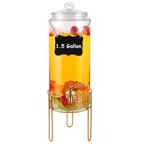 1.5 Gallon Drink dispenser, Glass Beverage Dispenser With Stand, Drink Dispensers for Parties With Stainless Steel Spigot + Marker & Chalkboard 100% Leakproof. Perfect For Parties And Daily Use