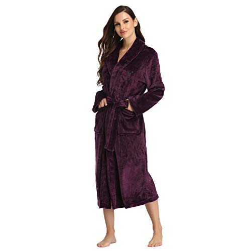 RONGTAI Womens Bathrobe Ladies Fleece Plush Warm Long Robes （Large,Dark Purple）