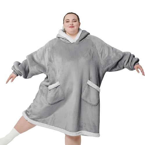 Bedsure Oversized Wearable Blanket Hoodie - Sherpa Hooded Blanket Adult as Gifts for Men Mom Women, Big Sweatshirt Blanket Oversize Grey