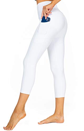 Kcutteyg Yoga Pants for Women with Pockets High Waisted Leggings Workout Sports Running Athletic Pants (Capri White, Medium)