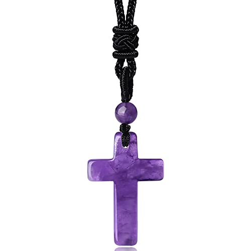 QINJIEJIE Amethyst Crystals Necklace Cross Crystal Necklaces Adjustable Black Rope Real Stone Cross Gemstone Reiki Energy Quartz Jewelry for Men Women Father's Day Gift