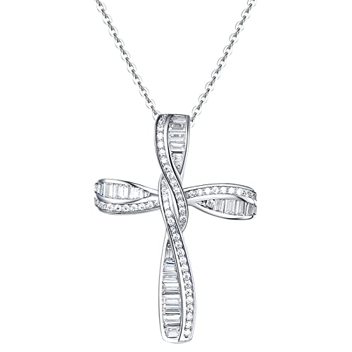 FANCIME Mothers Day Gifts Cross Necklace For Women Sterling Silver Cubic Zirconia Twisted Cross Infinity Open Loop Pendant Gift For Women Girls, 18' Extender