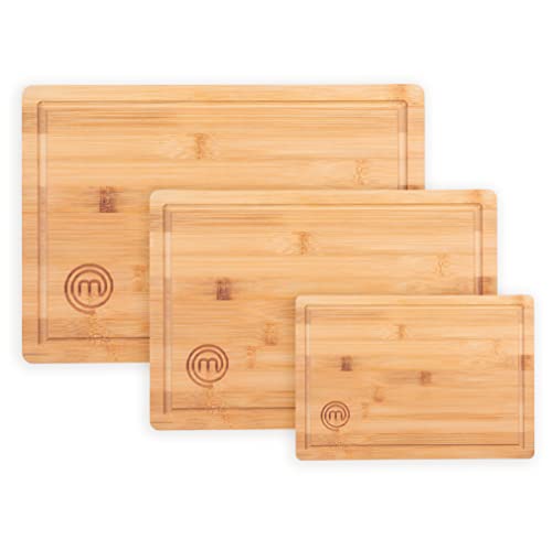 MasterChef Cutting Boards for Kitchen, Bamboo Chopping Board Set of 3, Organic Food Safe Surfaces for Preparing & Serving Meat, Cheese etc, Large, Medium & Small Wooden Boards with Juice Grooves