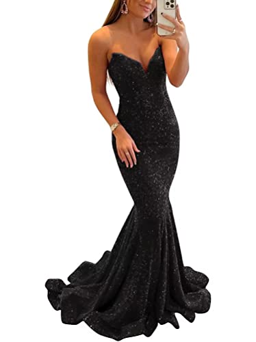 Sequin Evening Dresses for Women Formal Sexy Long Prom Party Gowns Mermaid Sparkly V-Neck Homecoming Dress Black US04