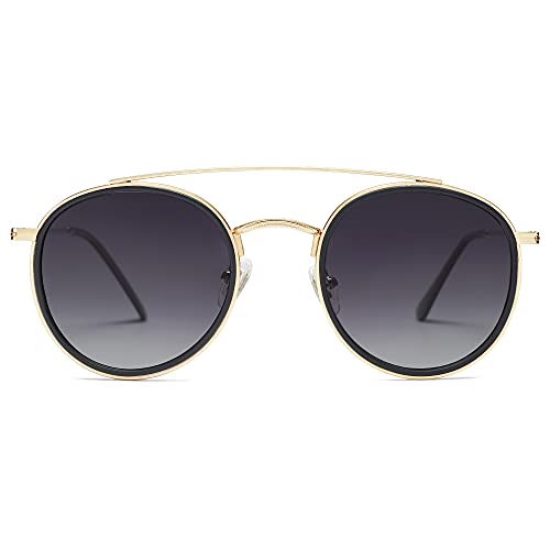 SOJOS Retro Round Double Bridge Polarized Sunglasses for Women Men Vintage Circle UV400 Sunnies SJ1104, Gold/Grey