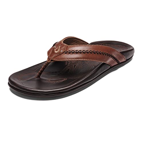 OLUKAI Mea Ola Men's Beach Sandals, Premium Leather Flip-Flop Slides, Compression Molded Footbed & Comfort Fit, Laser-Etched Design, Tan/Dk Java, 10