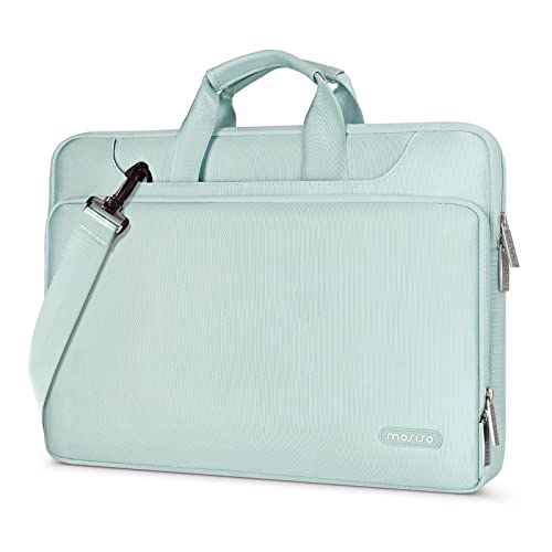 MOSISO 360 Protective Laptop Shoulder Bag Compatible with MacBook Air/Pro, 13-13.3 inch Notebook, Compatible with MacBook Pro 14 inch M3 M2 M1 2023-2021,Matching Color Sleeve with Belt, Mint Green