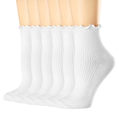 Mcool Mary Women's Ruffle Socks,Casual Cute Ankle Socks Comfort Cool Cotton Knit Lettuce Frilly Crew White Socks for Women 6 Pack