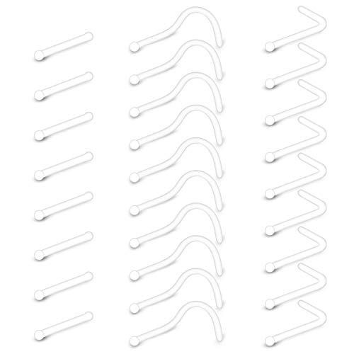 MODRSA 30pcs Bioflex Clear Nose Rings Retainer Flexible L Shaped Nose Studs Screw Nostril Pin Bone Straight Nose Piercing Retainer 1.5mm 2.0mm 2.5mm 3.0mm Top