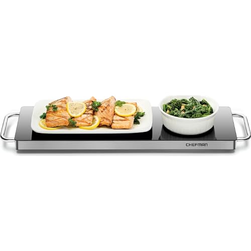 Chefman Long Electric Warming Plate Heating Element, Prep Food for Parties, Stainless Steel Frame & Tempered Glass Surface, Buffet at Home, for Trays & Dishes, Cool-Touch Handles, Black