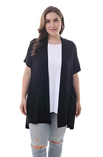 ZERDOCEAN Women's Plus Size Short Sleeve Lightweight Soft Printed Drape Cardigan with Pockets Black 4X