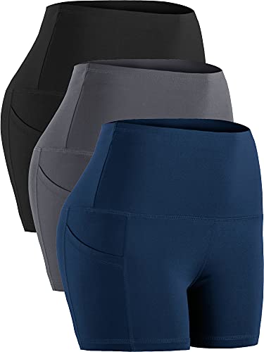 CADMUS High Waist Athletic Shorts for Womens Yoga Fitness Workout Running Shorts with Deep Pockets,3 Pack,1016,Black & Grey & Navy Blue,Large