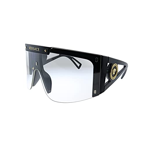 Versace VE 4393 GB1/1W Black Plastic Shield Sunglasses Purple Or Grey Clip On Lens