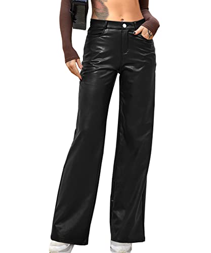 Navneet Women Faux Leather Pants PU High Waist Straight Leg Pants with Pockets Black M