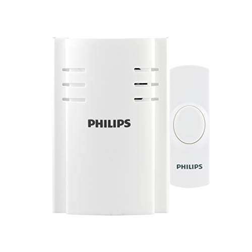 Philips Wireless Doorbell Kit, Plug-In Reciever, 1 Push Button, 2 Melodies, 4 Volume Levels, 150 Ft Range, White, DES2120W/27