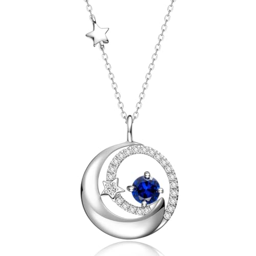 Moon Star Necklaces September Birthstone Blue Sapphire Pendant Jewelry 925 Sterling Silver Birthday Anniversary Christmas Gifts for Women Girls Mom Daughter, Adjustable Chain 16'+2'