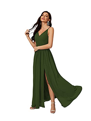 Numbersea V-Neck Bridesmaid Dress Spaghetti Strap Chiffon Long Formal Party Prom Gowns with Slit Martini Olive