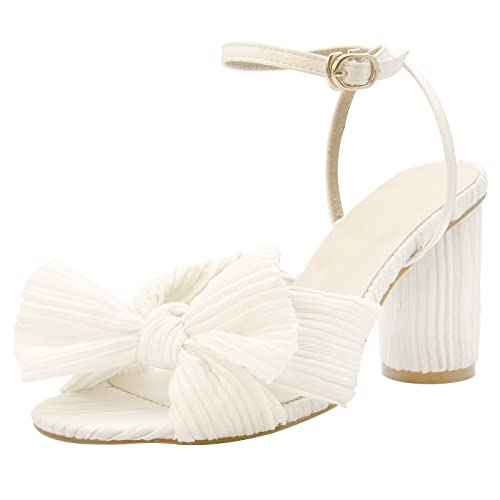 MUCCCUTE Women's Bow Knot Heeled Sandals White Ankle Buckle Strap Chunky Heeled Open-toe Bridal Wedding Party Fashion Heeled Sandals