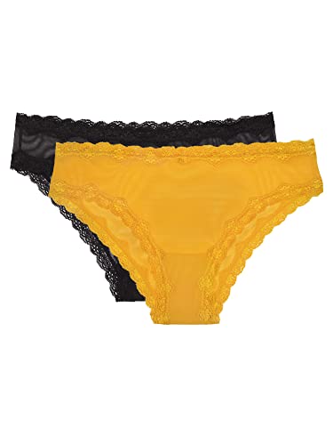 Smart & Sexy Women's Lace Trim & Mesh Panty 2 Packs Sexy Thongs & Cheeky Bikinis, Saffron/Black Hue, 7