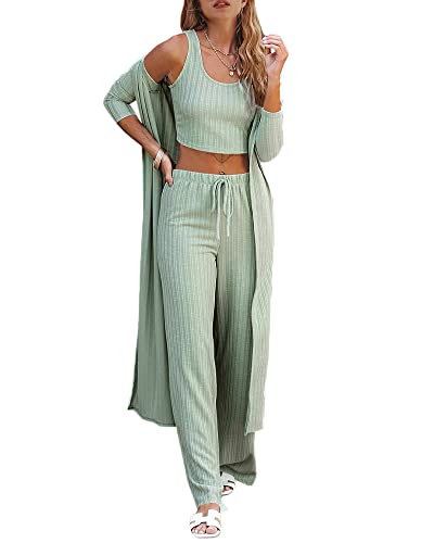 Fessceruna Womens Lounge set Cute Tank Top Wide pants and Kimono Coat Knit Jumpsuit Casual 3 Piece Outfit