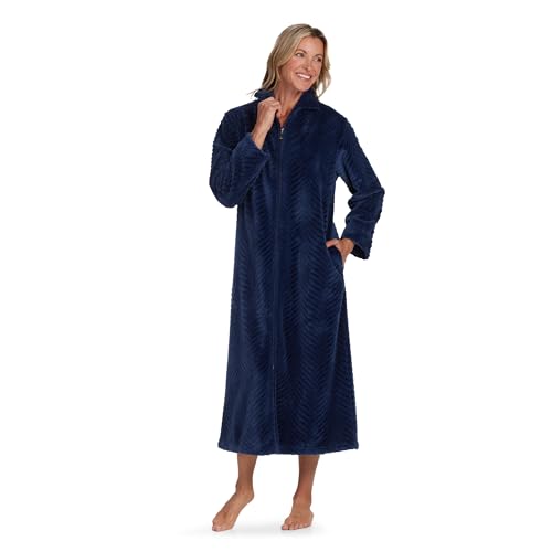 Miss Elaine Women's Long Fleece Robe, Long Sleeves and Zipper Front Closure, Collared Neck with Side Pockets, Women's Sleepwear (1X, Midnight Blue)