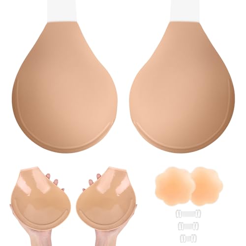 YODOOLTLY Sticky Push Up Bra Women Strapless Adhesive Invisilift Bras Plus Size Backless Bra for Large Breasts with Nipple Covers-D,Beige