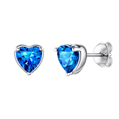 ChicSilver Earrings for Girls 925 Sterling Silver Heart Earrings, Crystal March Birthstone Aquamarine Earrings, Gem Stone Light Blue Earrings for Women Sensitive Ears