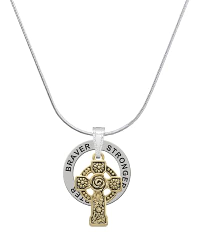Delight Jewelry Goldtone Large Celtic Cross - Silvertone Stronger Braver Smarter Message Ring Necklace, 18'