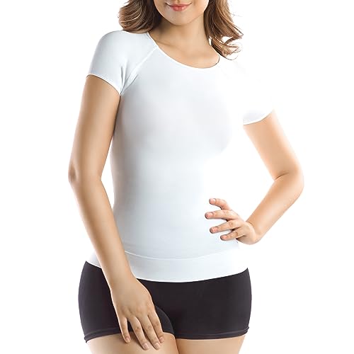 +MD Women's Seamless T-Shirt Scoop Neck Short Sleeve Comfort Light Control Shapewear Undershirt Pyjamas White