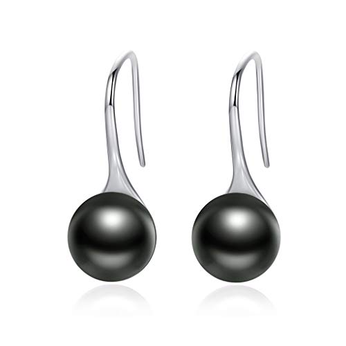 Presentski Black Pearl Dangle Earrings 925 Sterling Silver Classic Round Pearl Tear Drop Hook Earrings Jewelry Birthday Gifts for Women