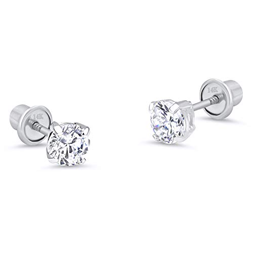 14k White Gold 4mm Basket Round Solitaire Cubic Zirconia Children Screw Back Baby Girls Earrings