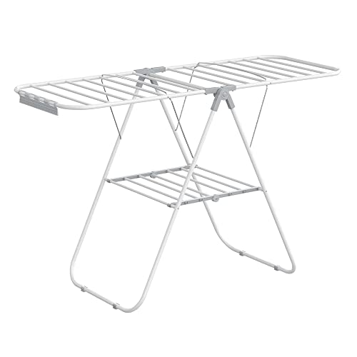 SONGMICS Clothes Drying Rack, with Sock Clips, Metal Laundry Rack, Foldable, Space-Saving, Free-Standing Airer, with Height-Adjustable Gullwings, Indoor Outdoor Use, White and Gray ULLR052W02