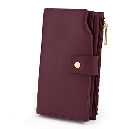 UTO Wallets for Women Wristlet RFID Large Capacity PU Leather Clutch Card Holder Organizer Ladies Purse Strap 459 Wine Red