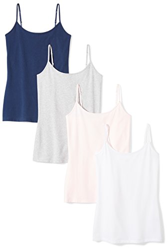 Amazon Essentials Women's Slim-Fit Camisole, Pack of 4, Dark Blue/Light Grey Heather/Pale Pink/White, Medium