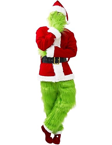 Earado Christmas Green Big Monster Santa Costume for Men 7 PCS Deluxe Furry Adult Santa Suit Xmas Holiday Outfit Set Include Mask XL