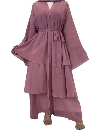Solid 3 Layer Chiffon Cardigan Robe Middle East Muslim Dresses Arab Dubai Open Abaya for Women Pink Dress S