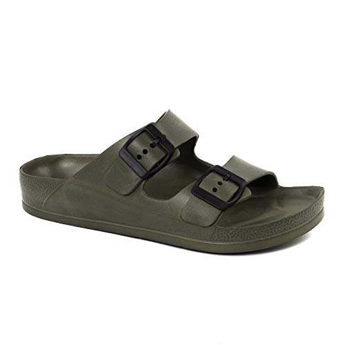 FUNKYMONKEY Women's Comfort Slides Double Buckle Adjustable EVA Flat Sandals (8 M US, Army Green/Sandals)