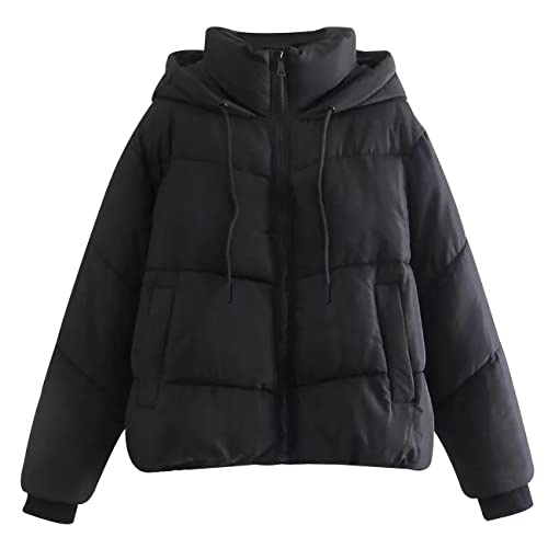 Gihuo Women's Crop Hooded Puffer Jacket Zip Up Winter Quilted Warm Short Jacket Outerwear(Black-S)