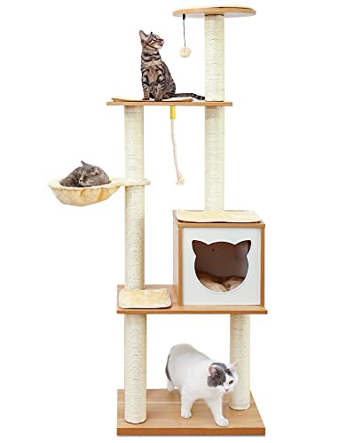 Made4Pets Cat Tree, Modern Cat Tree Tower for Indoor Cats - 65' Tall Wood Condo with Hammock, Scratching Post and Removable Pads for Small Large Cats