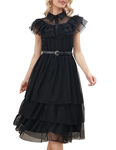 Aphratti Womens Fit and Flare Dress Cute Black Peter Pan Collar Skater Gothic Witch Dress (Black, X-Large)